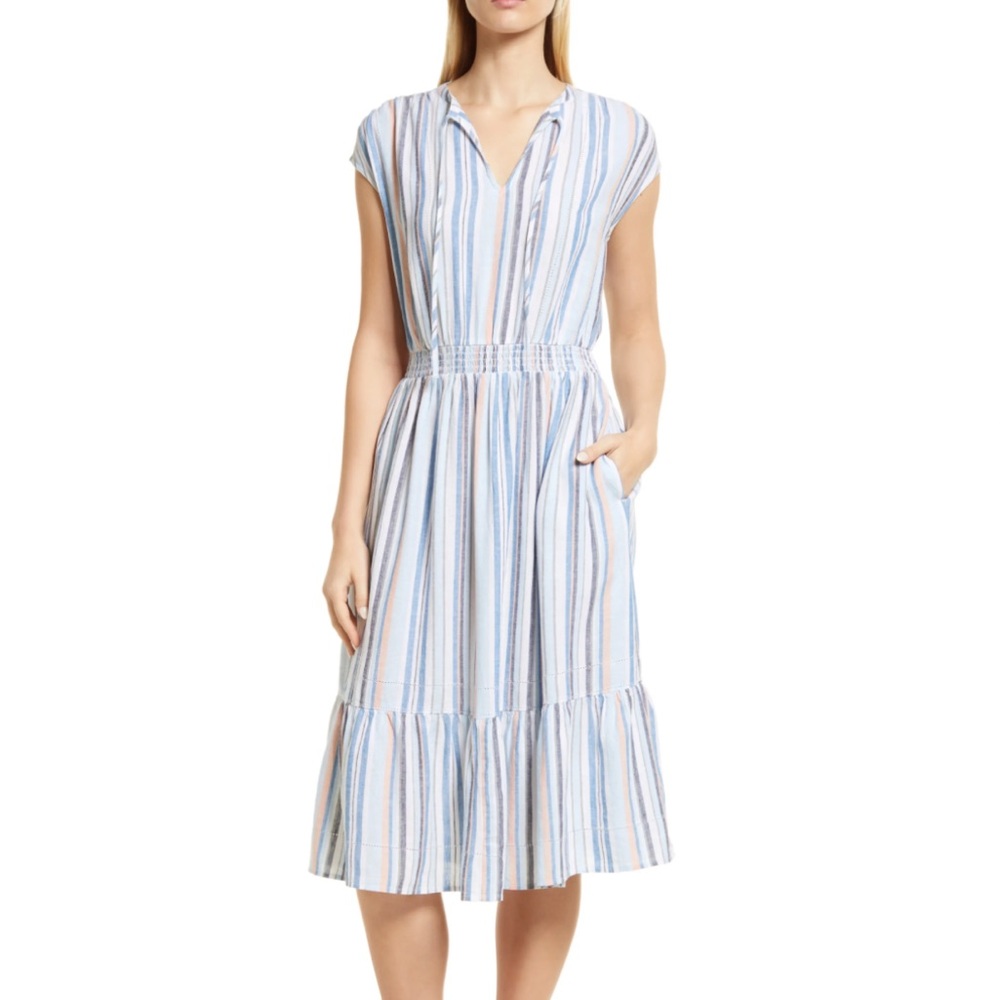 Caslon Stripe Tiered Linen Blend Midi dress S